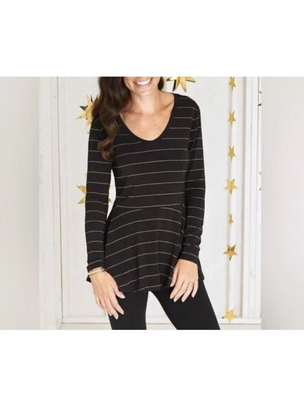 Matilda Jane Top Womens XXL Black Enjoy the Party Tee Gold Striped Peplum Hem